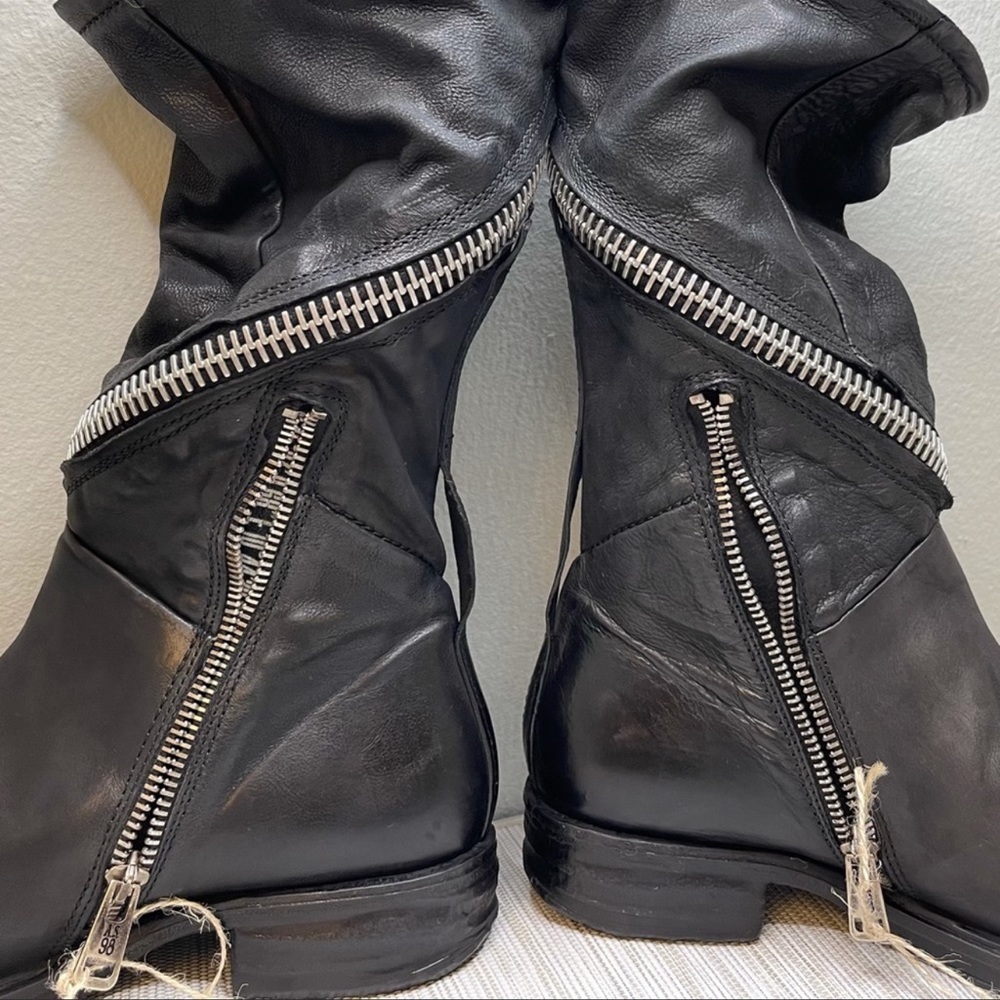 A.S.98 Black Leather Mid-Calf Moto Boots with Silver Zippers - Picture 4 of 16